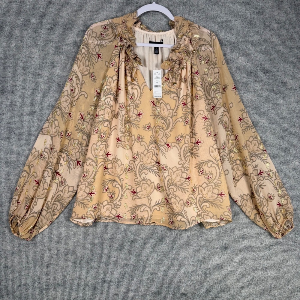 White House Black Market Size-L Ruffle Neck Blouse Lush Lace Gold Floral